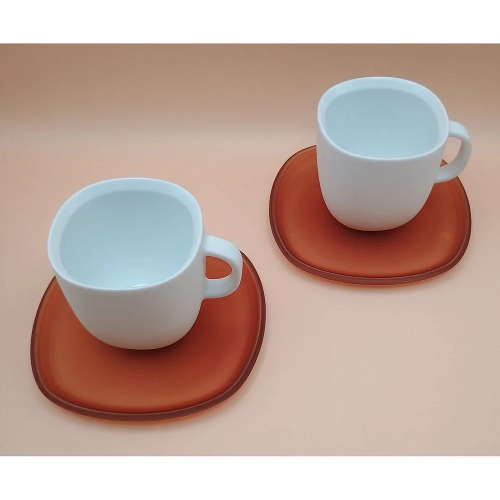 Modern‎ Matte White Espresso Cup and Amber Frosted Glass Saucer Set of 2